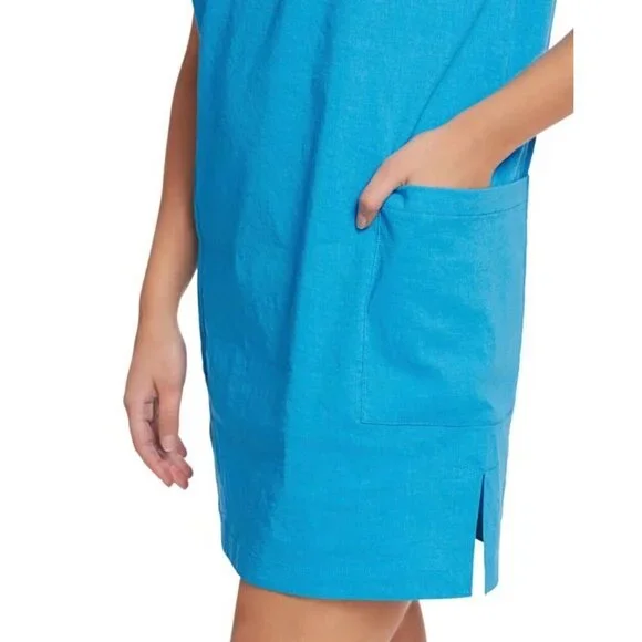 Theory Saturina Linen-Blend Shift Dress 10 Splitneck Waist patch pockets Casual - Picture 4 of 11